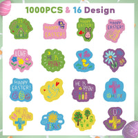 Haooryx 1000pcs Easter Drawing Style Sticker Rolls, 16 Designs Cute Easter Religious Sticker Cartoon Love Hope Jesus He is Risen Sticker Happy Easter Spring Sunday School VBS Supllies for Kids