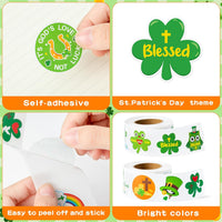 Haooryx 1000pcs St.Patrick’s Day Religious Sticker Rolls, 16 Designs St.Patrick’s Day Jesus Love Me God Blessed Green Sticker Decal Irish Shamrock Green Hat Cross Sticker St.Patrick’s Day Party Supply