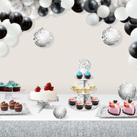 Haooryx 7Pcs Disco Cupcake Stand Set, Includes 2 Silver Disco 3-Tier Cupcake Tower Cardboard Dessert Holder 1 Round Cake Stand Platters 4 Rectangle Serving Tray for Disco Theme Birthday Party Supplies