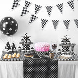 Haooryx 7Pcs Checkered Cupcake Stand Set, 2 Black White Checkered 3-Tier Cupcake Tower Cardboard Dessert Holder 1 Round Cake Stand Platters 4 Rectangle Serving Tray for Theme Birthday Party Supplies