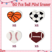 Haooryx 60Pcs Valentine Ball Mini Eraser for Kids Bulk, Cartoon Sport Ball Assorted Pencil Erasers 3D Desk Puzzle Erasers Pet for Classroom Student Prizes Valentines Party Gift Exchange Supply
