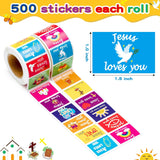 Haooryx 1000pcs Jesus Loves You Sticker Rolls, 16 Designs Christian Religious Self Adhesive Sticker Decals Cute Cartoon Bible Cross Religious Sticker for Kids Church Activity Sunday School VBS Supply