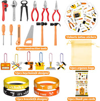 Haooryx 72pcs Construction Tool Party Favors Set of Engineering Silicone Bracelets, Keychains, Thank You Card, Temporary Tattoo and Organza Bags for Kid Construction Theme Birthday Party School Reward