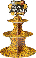 Haooryx Leopard Print Party Decorations Cupcake Stand, 3 Tier Leopard Print Theme Cupcake Tower Cardboard Donuts Candy Dessert Holders for Leopard Print Theme Jungle Animal Birthday Party Cake Supply