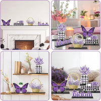 Haooryx 5Pcs Spring Lavender Wooden Centerpieces Decorations, Purple Lavender Bloom Butterfly Letter Sign Detachable Wood Craft Centerpiece for Spring Holiday Lavender Theme Party Home Table Decor