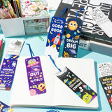 Haooryx 63Pcs Space Theme Bookmarks, Colorful Planet Rocket Spaceship DIY Book Marks for Kids Space Theme Birthday Party Favors Teachers Students Class Gift Reading Club Reward Reading Record Bookmark