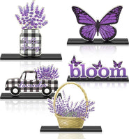 Haooryx 5Pcs Spring Lavender Wooden Centerpieces Decorations, Purple Lavender Bloom Butterfly Letter Sign Detachable Wood Craft Centerpiece for Spring Holiday Lavender Theme Party Home Table Decor