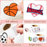 Haooryx 1000pcs Valentine’s Day Heart-Shaped Ball Sports Sticker Rolls, 16 Designs Sports Theme Football Basketball Baseball Soccer Self-Adhesive Sticker Decals for Sports Party Giftwrap Decor
