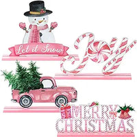 Haooryx 4Pcs Winter Christmas Pink Watercolor Wooden Centerpieces Decorations, Merry Xmas Wood Letter Sign Detachable Table Topper for Christmas New Year Party Favors Supply Home Decor Supplies