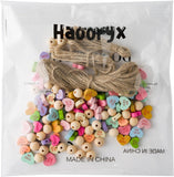 Haooryx 121pcs Valentine's Day Wooden Beads Colorful Conversation Heart Beads with Rope XOXO Hug Me True Love Natural Wood Beads Bulk for Crafts Valentines DIY Garland Party Ornament Supplies