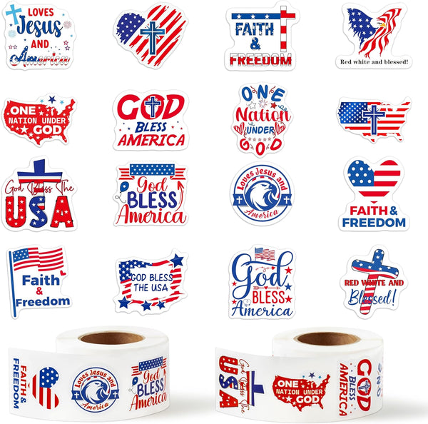 Religious Patriotic Theme Sticker Rolls - Haooryx 1000pcs Religious & Patriotic Sticker American Flag Element Decals Faith Freedom God Bless The USA Religious Sticker for Independence Day Memorial Day