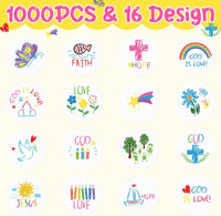 Haooryx 1000pcs Christian Religious Cartoon Sticker Rolls, 16 Designs Cute Drawing Style God is Love Faith Religious Decals Kid’s Reward Religious Sticker for Sunday School VBS Activities