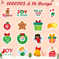 Haooryx 1000pcs Religious Christmas Sticker Rolls, 16 Designs Cartoon Christmas Theme Gingerbread Candy Canes Sticker Decals Cute Educational Christian Sticker for Kids Sunday School VBS Supplies