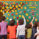 Haooryx 143Pcs Fall Autumn Fall in Love with Jesus Sunday School Classroom Bulletin Board Set Fall Tree Pumpkin Scarecrow Paper Patterned Cut-Outs for Faith Religious Church School Board Decor