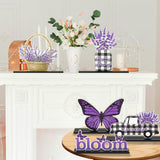 Haooryx 5Pcs Spring Lavender Wooden Centerpieces Decorations, Purple Lavender Bloom Butterfly Letter Sign Detachable Wood Craft Centerpiece for Spring Holiday Lavender Theme Party Home Table Decor