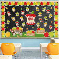 Haooryx 107Pcs Fall Autumn Jesus in The Core Apple Sunday School Bulletin Board Decoration Set, Apple Name Tags Cut-Outs Border Trim for Faith Religious Classroom Sunday School Chalkboard Wall Decor