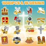 Haooryx 1000pcs Armor of God Sticker Rolls, 16 Designs Christian Religious Theme Self Adhesive Sticker Decals Cartoon Bible Armor Medieval Knight Castle Sword Sticker for Kids Sunday School VBS Supply