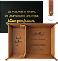 Haooryx 3Pcs Best DAD Ever PU Leather Valet Tray and Keychain Brown PU Leather Catchall Tray with Envelope Nightstand Holder Christmas Housewarming Present for Keys Watch Phone Wallet Jewelry