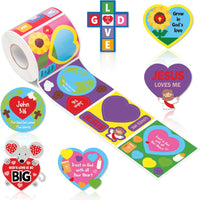 Haooryx 300pcs Valentine’s Theme Religious DIY Scene Sticker Roll, Valentine’s Day Heart-Shaped Cross Mix and Match Religious Sticker Decals Jesus Loves Me Sticker Sunday School VBS Supplies