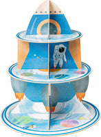 Haooryx Watercolor Outer Space Cupcake Stand Decor 3 Tier Astronaut Planet Rocket Spacecraft Cardboard Cupcake Stand Dessert Holder for Kids Theme Birthday Baby Shower Gender Reveal Party Supplies
