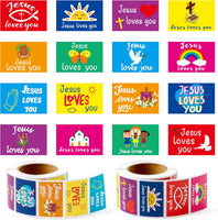 Haooryx 1000pcs Jesus Loves You Sticker Rolls, 16 Designs Christian Religious Self Adhesive Sticker Decals Cute Cartoon Bible Cross Religious Sticker for Kids Church Activity Sunday School VBS Supply