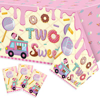 Haooryx 3 Pack Two Sweet Birthday Party Tablecloths Decoration, Ice Cream Donut Candy Plastic Disposable Waterproof Rectangle Table Cover for Girls 2nd Theme Birthday Party Dinner Table Decor Supplies