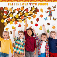 Haooryx 143Pcs Fall Autumn Fall in Love with Jesus Sunday School Classroom Bulletin Board Set Fall Tree Pumpkin Scarecrow Paper Patterned Cut-Outs for Faith Religious Church School Board Decor