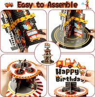 Haooryx Firefighter Party Decoration Cupcake Stand 3 Tier Fire Truck Cupcake Tower Cardboard Happy Birthday Dessert Holder Pastry Platter for Kids Adult Firefighter Theme Birthday Party Decor Supplies