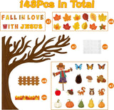 Haooryx 143Pcs Fall Autumn Fall in Love with Jesus Sunday School Classroom Bulletin Board Set Fall Tree Pumpkin Scarecrow Paper Patterned Cut-Outs for Faith Religious Church School Board Decor