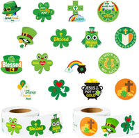 Haooryx 1000pcs St.Patrick’s Day Religious Sticker Rolls, 16 Designs St.Patrick’s Day Jesus Love Me God Blessed Green Sticker Decal Irish Shamrock Green Hat Cross Sticker St.Patrick’s Day Party Supply