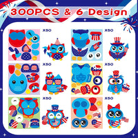 Haooryx 300pcs The 4th of July Owl Stickers Scene Roll Patriotic Make Your Own Owl Sticker Mix and Match Self Adhesive Sticker Decals Educaitonal DIY Sticker for Independence Day Memorial Day for Kids