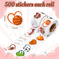 Haooryx 1000pcs Valentine’s Day Heart-Shaped Ball Sports Sticker Rolls, 16 Designs Sports Theme Football Basketball Baseball Soccer Self-Adhesive Sticker Decals for Sports Party Giftwrap Decor