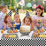 Haooryx 7Pcs Checkered Cupcake Stand Set, 2 Black White Checkered 3-Tier Cupcake Tower Cardboard Dessert Holder 1 Round Cake Stand Platters 4 Rectangle Serving Tray for Theme Birthday Party Supplies