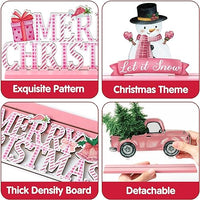 Haooryx 4Pcs Winter Christmas Pink Watercolor Wooden Centerpieces Decorations, Merry Xmas Wood Letter Sign Detachable Table Topper for Christmas New Year Party Favors Supply Home Decor Supplies