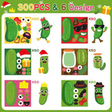 Haooryx 300pcs Christmas Theme Make A Pickle Face Scene Sticker Roll, Make Your Own Pickle Gherkin Sticker Decals Mix and Match DIY Cartoon Cucumber Art Craft for Kids Xmas Party Favor Supplies