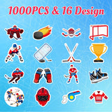 Haooryx 1000pcs Ice Hockey Theme Sticker Rolls, 16 Designs Cartoon Ice Hockey Puck Helmet Self Adhesive Sticker Decals Cute Sticker for Ice Hockey Match Decor Sport Lover Party Favor Supplies