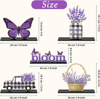 Haooryx 5Pcs Spring Lavender Wooden Centerpieces Decorations, Purple Lavender Bloom Butterfly Letter Sign Detachable Wood Craft Centerpiece for Spring Holiday Lavender Theme Party Home Table Decor