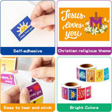Haooryx 1000pcs Jesus Loves You Sticker Rolls, 16 Designs Christian Religious Self Adhesive Sticker Decals Cute Cartoon Bible Cross Religious Sticker for Kids Church Activity Sunday School VBS Supply