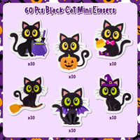 Haooryx 60Pcs Halloween Black Cat Mini Eraser for Kids, Novelty Black Cat Pencil Eraser 3D Mini Desk Puzzle Erasers Pet Student Homework Classroom Prizes Halloween Trick or Treat Party Gift Filler