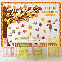 Haooryx 143Pcs Fall Autumn Fall in Love with Jesus Sunday School Classroom Bulletin Board Set Fall Tree Pumpkin Scarecrow Paper Patterned Cut-Outs for Faith Religious Church School Board Decor