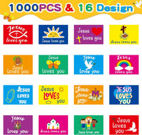 Haooryx 1000pcs Jesus Loves You Sticker Rolls, 16 Designs Christian Religious Self Adhesive Sticker Decals Cute Cartoon Bible Cross Religious Sticker for Kids Church Activity Sunday School VBS Supply