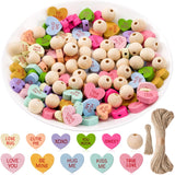 Haooryx 121pcs Valentine's Day Wooden Beads Colorful Conversation Heart Beads with Rope XOXO Hug Me True Love Natural Wood Beads Bulk for Crafts Valentines DIY Garland Party Ornament Supplies