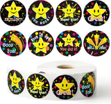 Haooryx 1000pcs Stars Reward Sticker Roll, 8 Designs Cartoon Motivational Stickers Back to School Classroom Supply Parents Teacher Study Sticekr Award for Kids with Inspirational Quote Scrapbook Decor