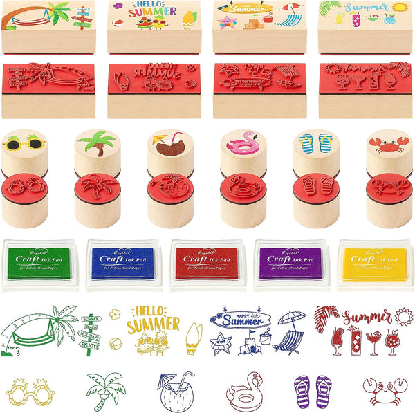 Haooryx 10pcs Summer Beach Theme Wooden Stamps with 5pcs Stamp Ink Pads Tropical Summer Time Decorative Stamping for Classroom Scrapbook Greeting Card Decor DIY Art Craft Supply Kid’s Birthday Gift