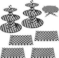 Haooryx 7Pcs Checkered Cupcake Stand Set, 2 Black White Checkered 3-Tier Cupcake Tower Cardboard Dessert Holder 1 Round Cake Stand Platters 4 Rectangle Serving Tray for Theme Birthday Party Supplies