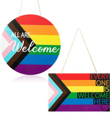 Haooryx 2Pcs Gay Pride Progress Pride Rainbow Wreath Wooden Hanging Door Sign Decoration, LGBT Wood Door Sign Plaque Gay Pride Day Front Door Wall Porch Wooden Hanging Welcome Decorations Supplies