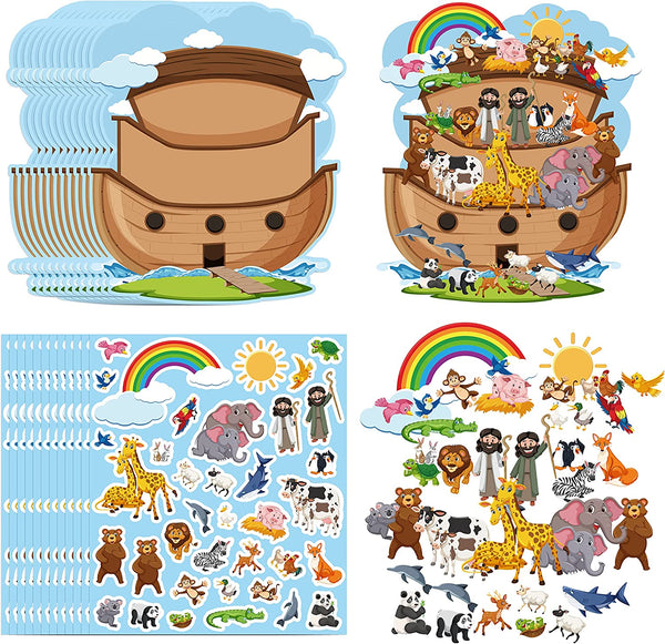 Haooryx 12 Set Noah's Ark Animal Sticker Scene Noah's Ark Backgrounds and 12pcs Self Adhesive Animal Stickers Noahs Ark Decorations for Kids Sunday School Sticker Crafts Event Classroom VBS Activities