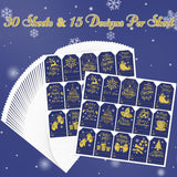 Haooryx 450pcs Xmas Foil Gold Blue Gift Tag Stickers Self Adhesive Merry Christmas Name Tags Labels Xmas to and from Sticker for Winter Holiday Present Party Decoration Supplies(Gold Blue, 30 Sheet)