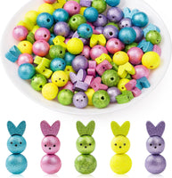 Haooryx 121pcs Easter Glittery Bunny Peeps Wood Beads Colorful Bunny Bead with Rope Natural Wood Beads Bulk Rustic Farmhouse DIY Crafts for Happy Easter Day Spring Party Favor Hanging Supplies