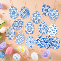 Haooryx 46pcs Spring Easter Chinoiserie Egg Wood Hanging Ornament, Easter Egg Wood Hanging Pendant Tags Decoration Egg Shapes Wood Slices with Rope for Easter Basket Fillers Spring Home Party Decor